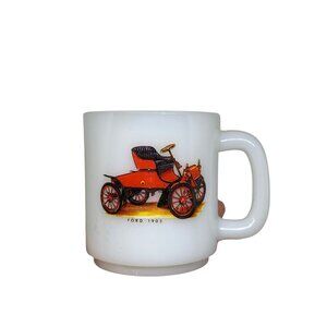 Vintage White Milk Glass 1903 Red Model A Ford Car Coffee Mug 3.5" Automobile